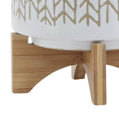 8" CHEVRON PLANTER W/ WOOD STAND, BEIGE - Al Rugaib Furniture