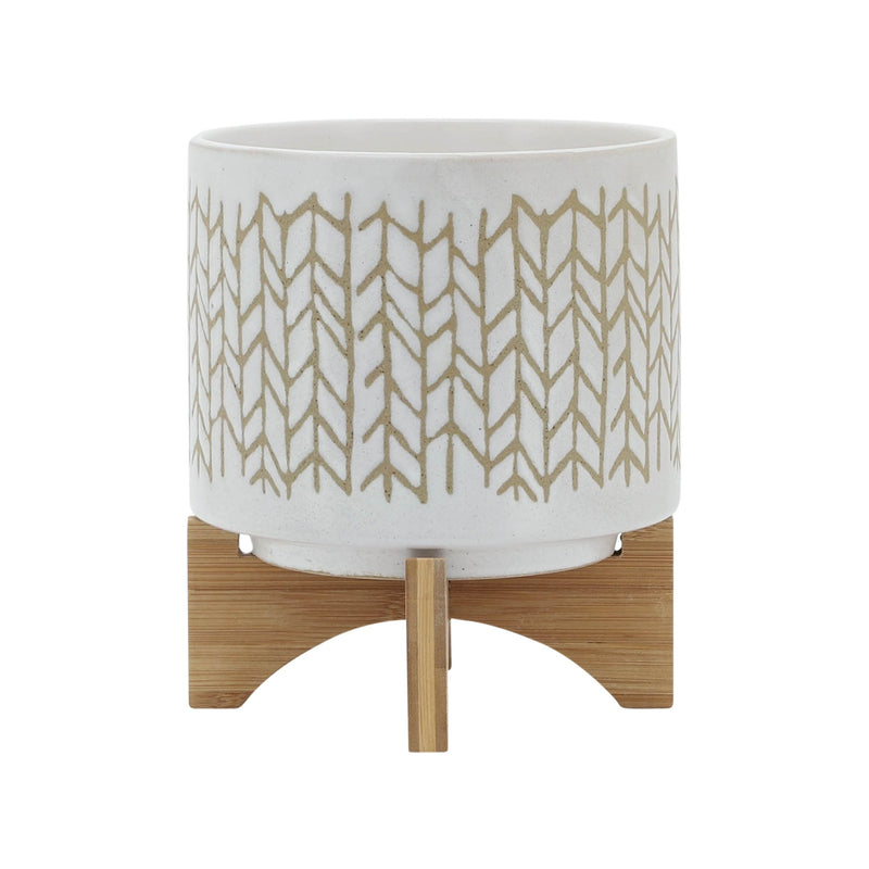 8" CHEVRON PLANTER W/ WOOD STAND, BEIGE - Al Rugaib Furniture