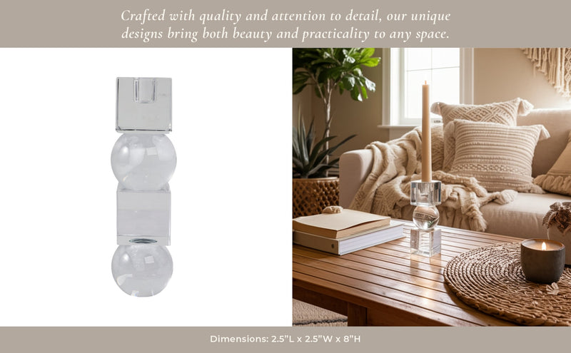 8" Crystal Orbs & Blocks Taper Candleholder, Clear - Al Rugaib Furniture