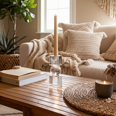 8" Crystal Orbs & Blocks Taper Candleholder, Clear - Al Rugaib Furniture