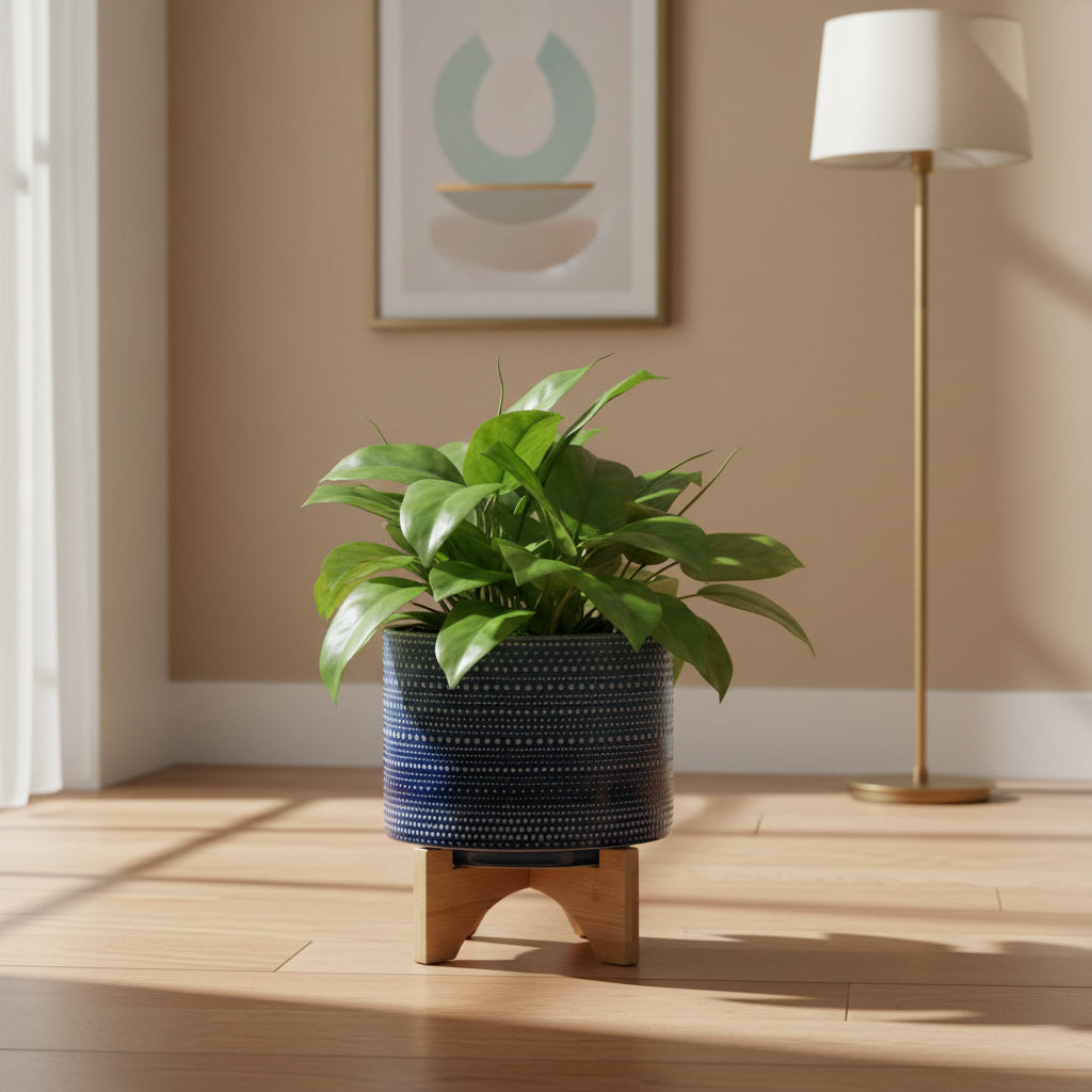8" DOTTED PLANTER W/ WOOD STAND, BLUE Outdoor Planters| Sagebrook Home