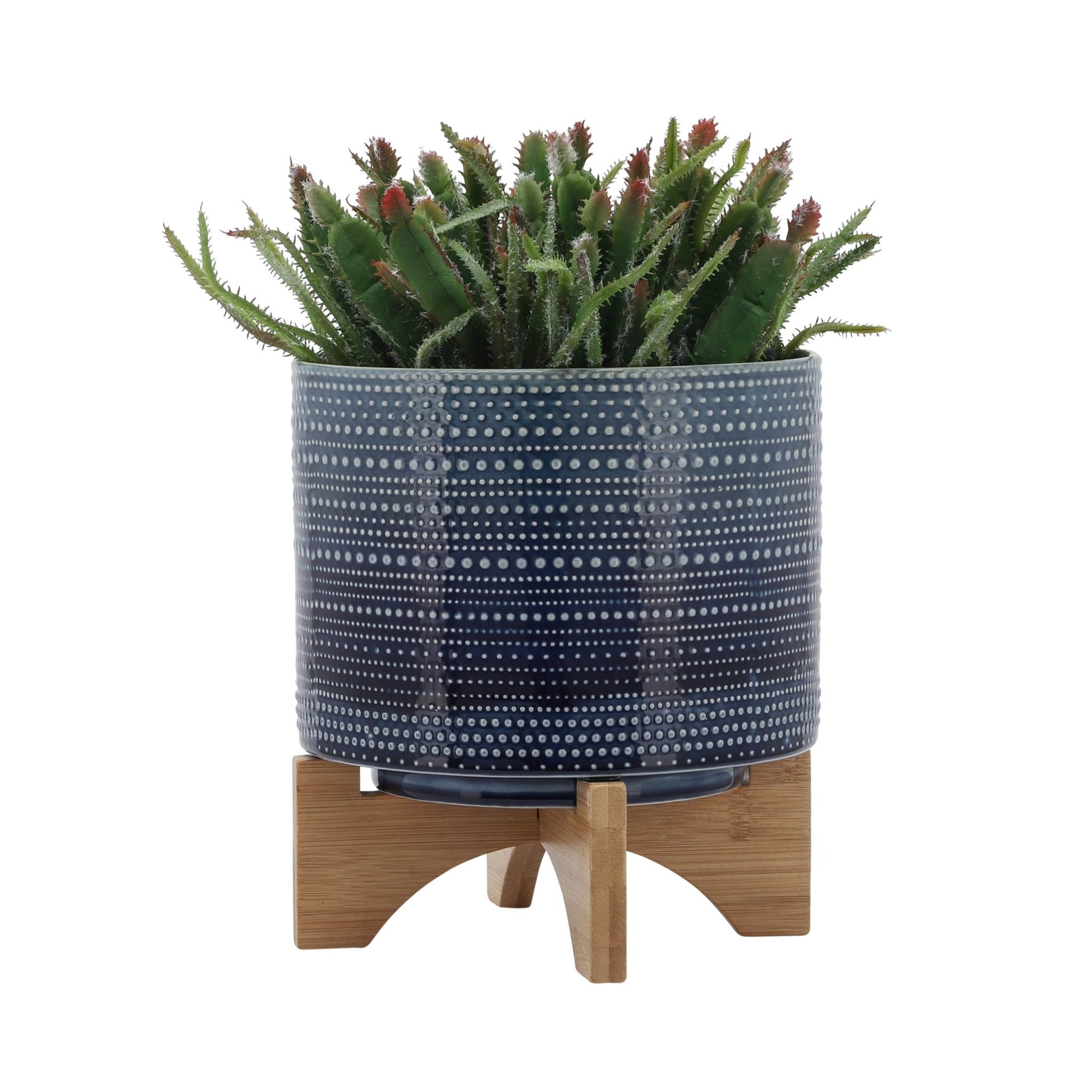 8" DOTTED PLANTER W/ WOOD STAND, BLUE Outdoor Planters| Sagebrook Home