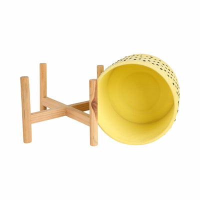 8" DOTTED PLANTER W/ WOOD STAND, YELLOW - Al Rugaib Furniture
