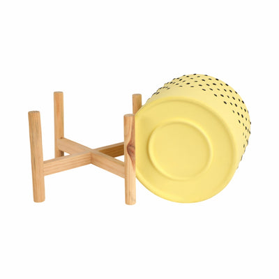 8" DOTTED PLANTER W/ WOOD STAND, YELLOW - Al Rugaib Furniture