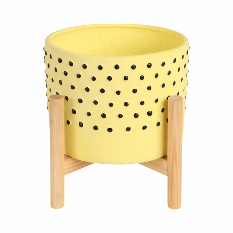 8" DOTTED PLANTER W/ WOOD STAND, YELLOW - Al Rugaib Furniture