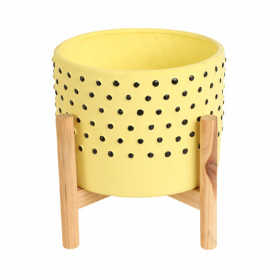 8" DOTTED PLANTER W/ WOOD STAND, YELLOW - Al Rugaib Furniture