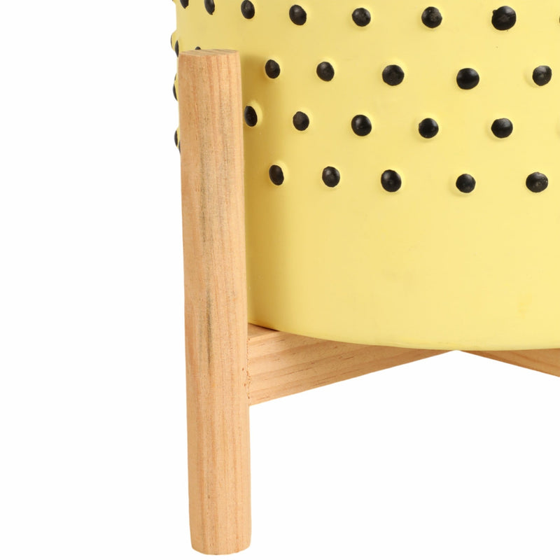8" DOTTED PLANTER W/ WOOD STAND, YELLOW - Al Rugaib Furniture