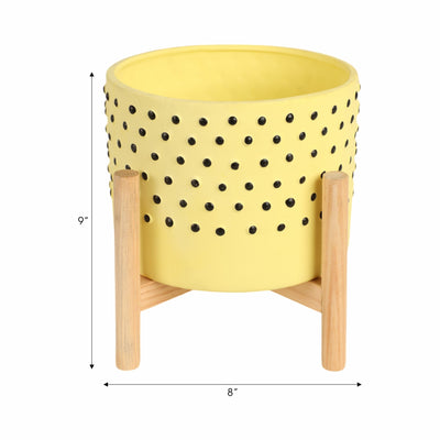 8" DOTTED PLANTER W/ WOOD STAND, YELLOW - Al Rugaib Furniture