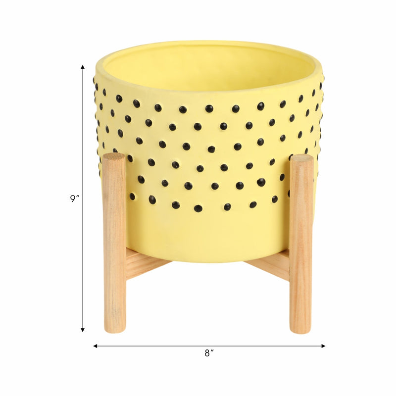 8" DOTTED PLANTER W/ WOOD STAND, YELLOW - Al Rugaib Furniture