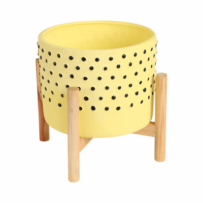 8" DOTTED PLANTER W/ WOOD STAND, YELLOW - Al Rugaib Furniture