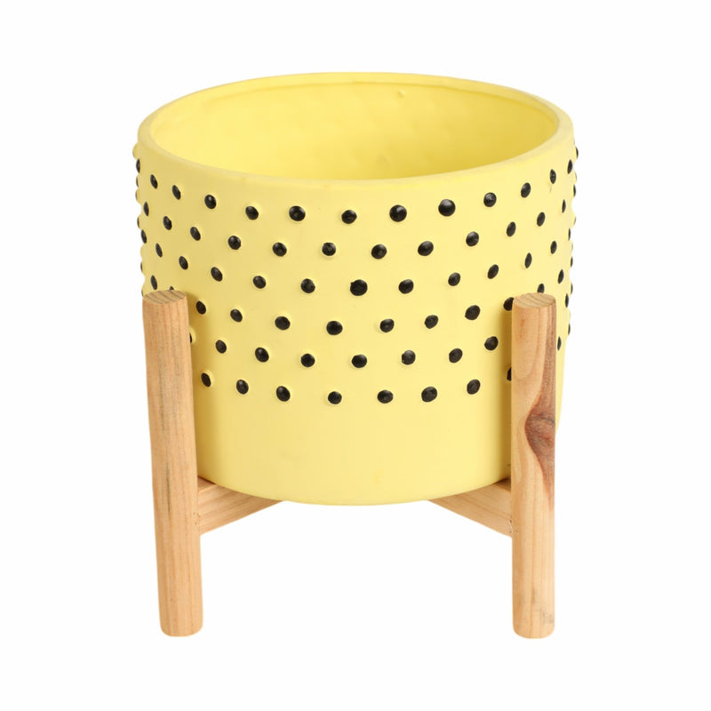 8" DOTTED PLANTER W/ WOOD STAND, YELLOW - Al Rugaib Furniture