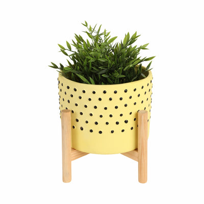 8" DOTTED PLANTER W/ WOOD STAND, YELLOW - Al Rugaib Furniture