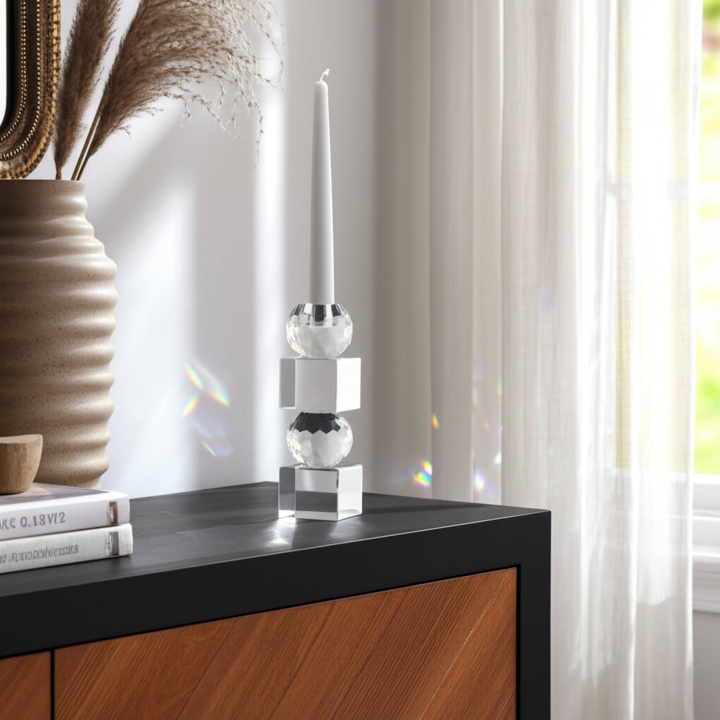 8" FACETED CRYSTAL ORBS CRYSTAL TAPERHOLDER, CLEAR Candle Holders| Sagebrook Home