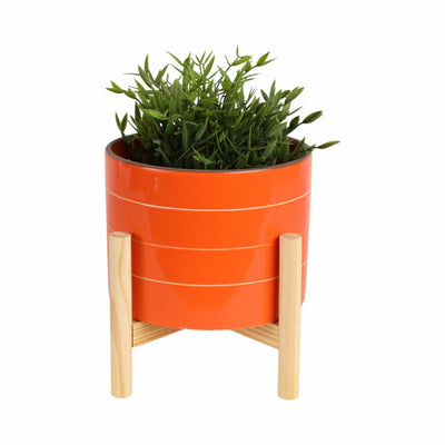 8" STRIPED PLANTER W/ WOOD STAND, ORANGE - Al Rugaib Furniture