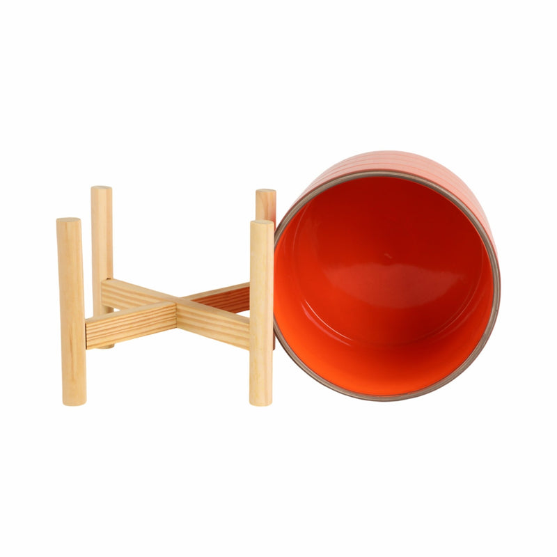 8" STRIPED PLANTER W/ WOOD STAND, ORANGE - Al Rugaib Furniture