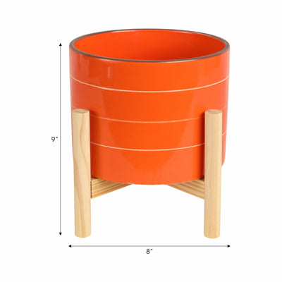 8" STRIPED PLANTER W/ WOOD STAND, ORANGE - Al Rugaib Furniture