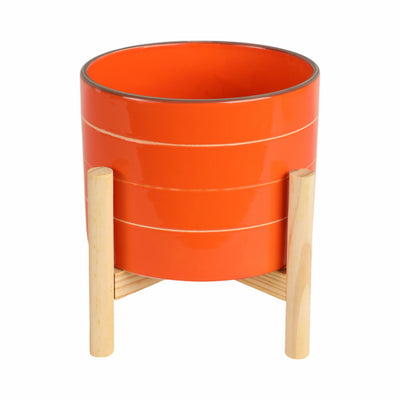 8" STRIPED PLANTER W/ WOOD STAND, ORANGE - Al Rugaib Furniture