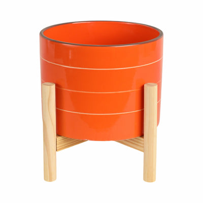 8" STRIPED PLANTER W/ WOOD STAND, ORANGE - Al Rugaib Furniture