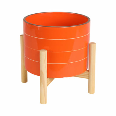 8" STRIPED PLANTER W/ WOOD STAND, ORANGE - Al Rugaib Furniture