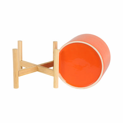 8" STRIPED PLANTER W/ WOOD STAND, ORANGE - Al Rugaib Furniture