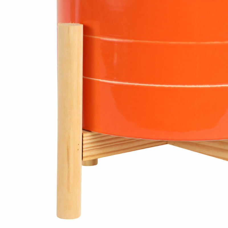 8" STRIPED PLANTER W/ WOOD STAND, ORANGE - Al Rugaib Furniture