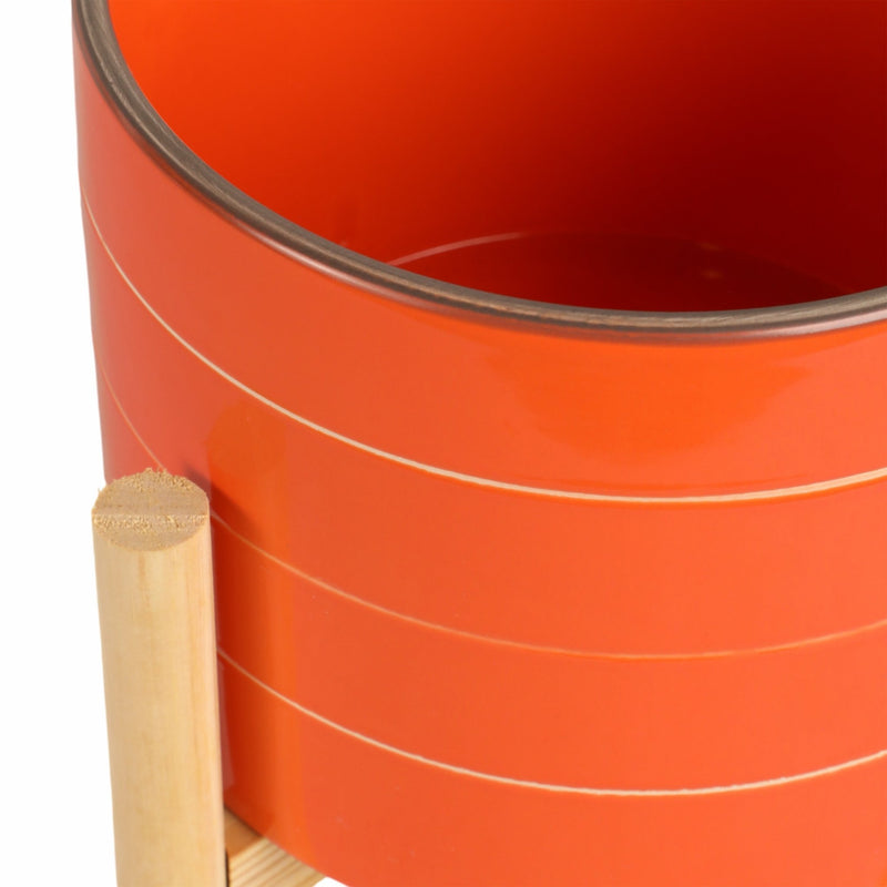 8" STRIPED PLANTER W/ WOOD STAND, ORANGE - Al Rugaib Furniture