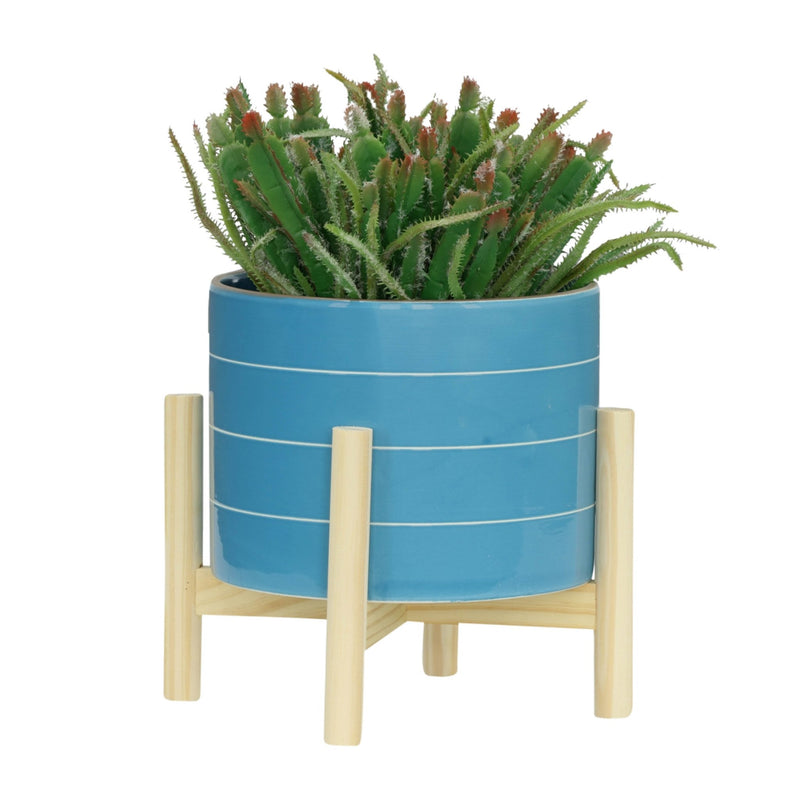 8" STRIPED PLANTER W/ WOOD STAND, SKYBLUE - Al Rugaib Furniture