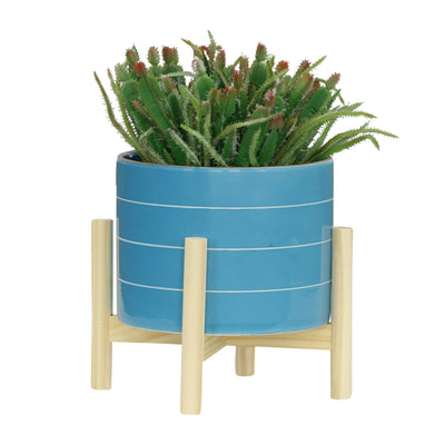 8" STRIPED PLANTER W/ WOOD STAND, SKYBLUE - Al Rugaib Furniture