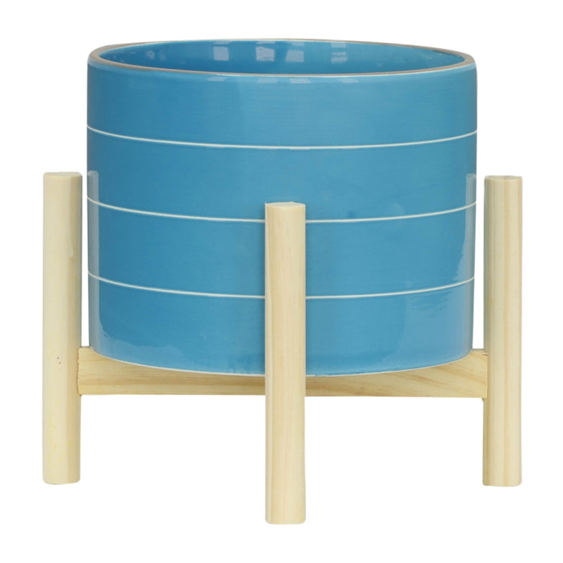 8" STRIPED PLANTER W/ WOOD STAND, SKYBLUE - Al Rugaib Furniture
