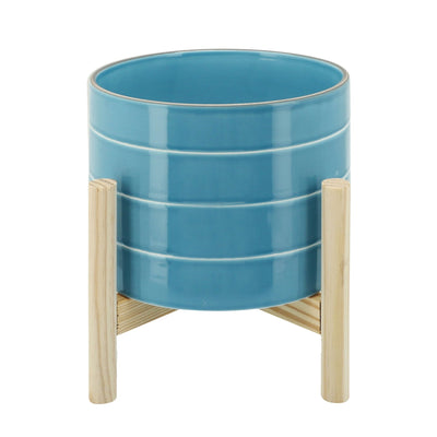 8" STRIPED PLANTER W/ WOOD STAND, SKYBLUE - Al Rugaib Furniture