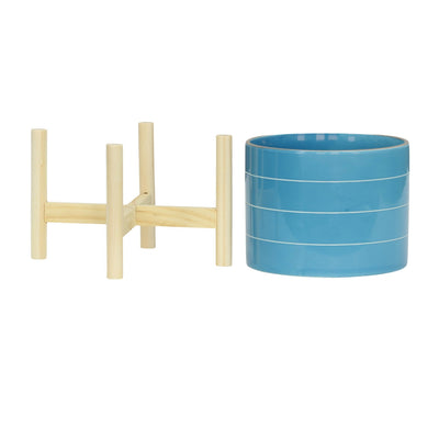 8" STRIPED PLANTER W/ WOOD STAND, SKYBLUE - Al Rugaib Furniture