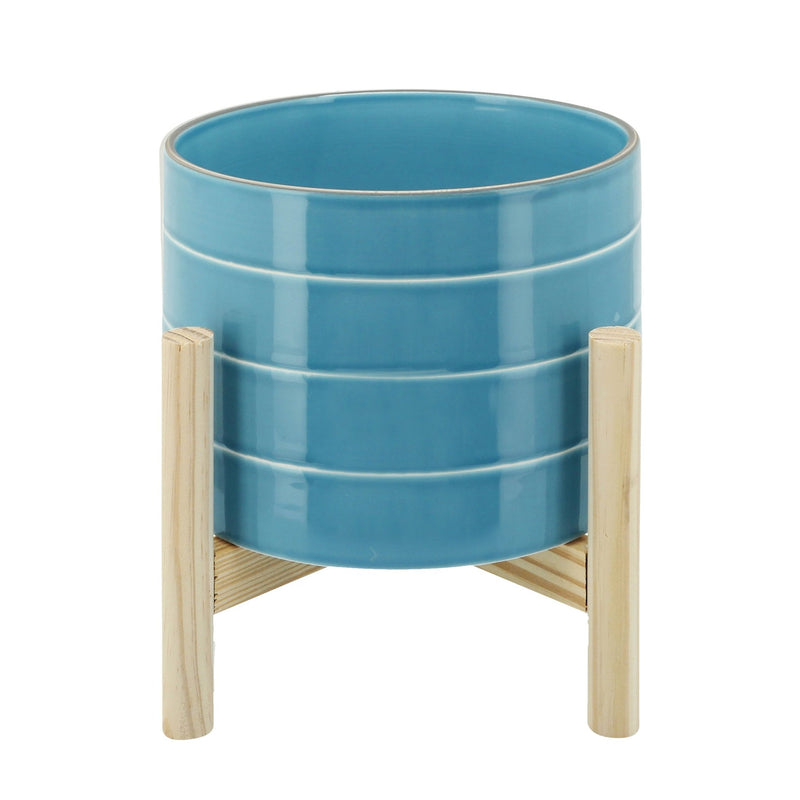 8" STRIPED PLANTER W/ WOOD STAND, SKYBLUE - Al Rugaib Furniture