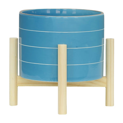 8" STRIPED PLANTER W/ WOOD STAND, SKYBLUE - Al Rugaib Furniture