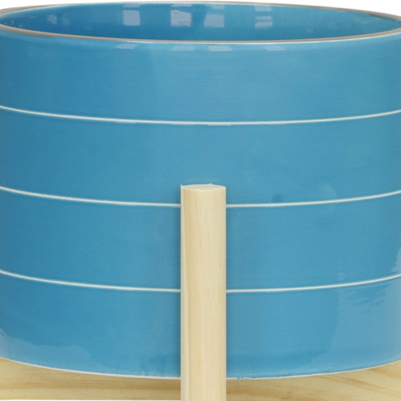 8" STRIPED PLANTER W/ WOOD STAND, SKYBLUE - Al Rugaib Furniture