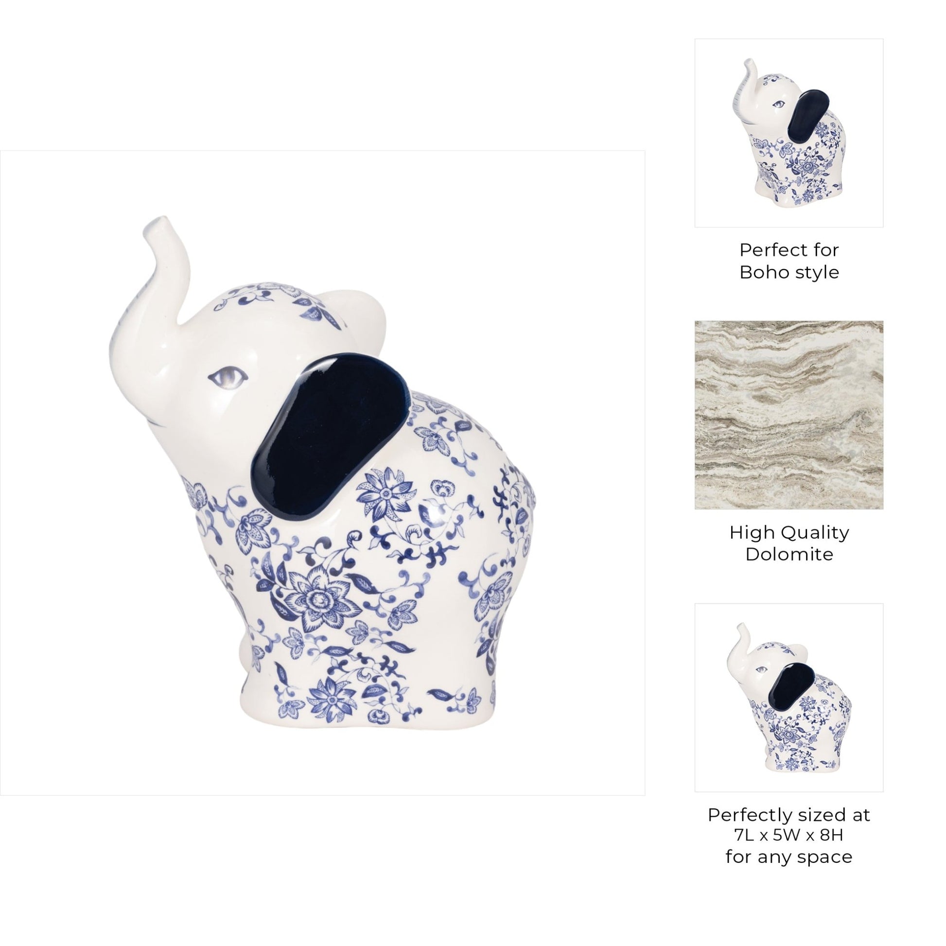 8" Trunk Up Chinoiserie Elephant, Blue/white Table Decors| Sagebrook Home