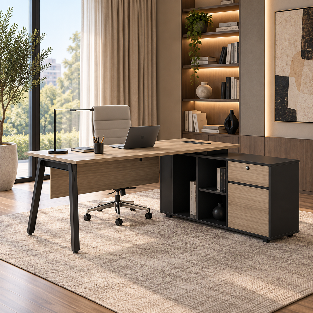 Light Oak Office Desk with Lockable Side Return - Medium