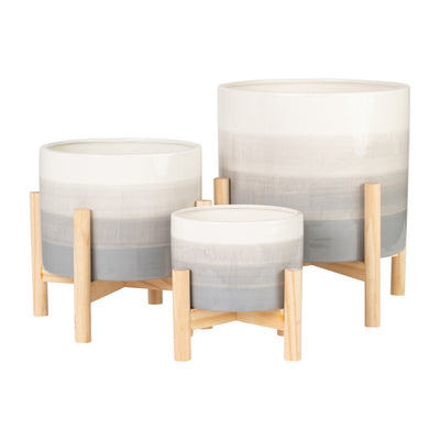 8 CERAMIC PLANTER W/ WOOD STAND, BEIGE MIX