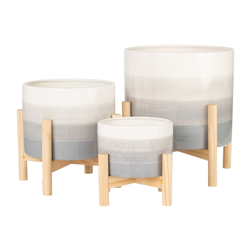 8 CERAMIC PLANTER W/ WOOD STAND, BEIGE MIX