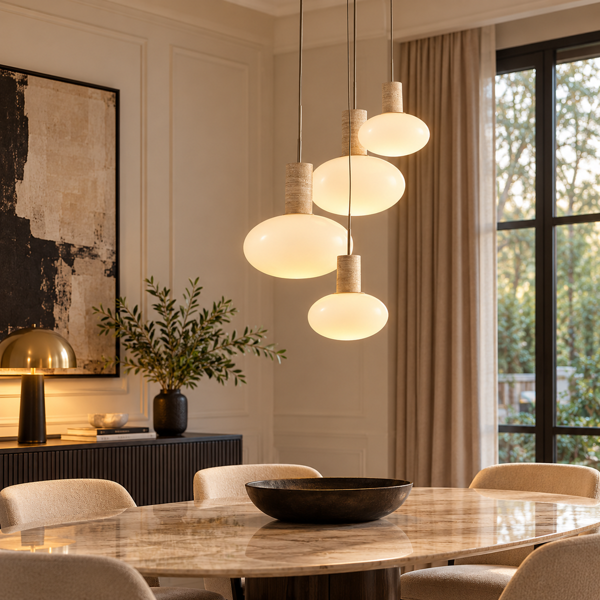 Pearls Travertine Chandelier with Glass Globe - H 38 CM