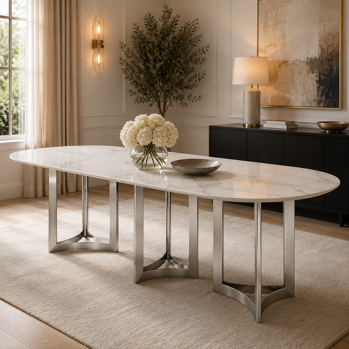 Alexa Dining Table Silver Base and 395 CM Oval White Marble