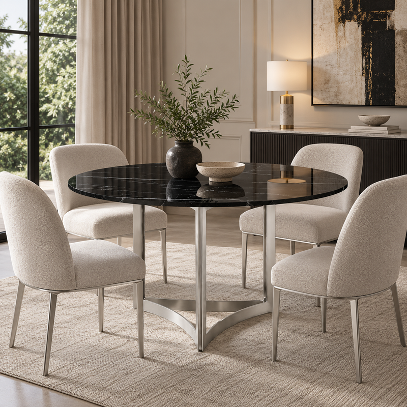 Alexa Dining Table Silver Base and 180 CM Round Black Marble