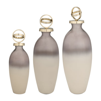 GLASS,22,BOTTLE W/SPHERE LID,WHITE/GOLD