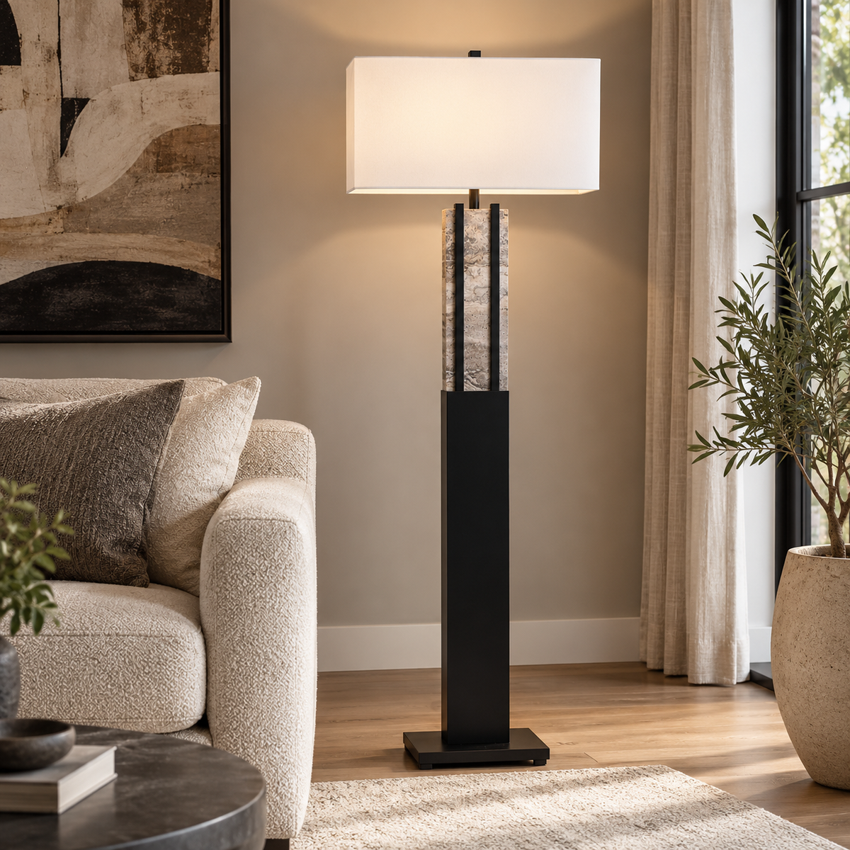 Stark Grey Travertine Floor Lamp in black