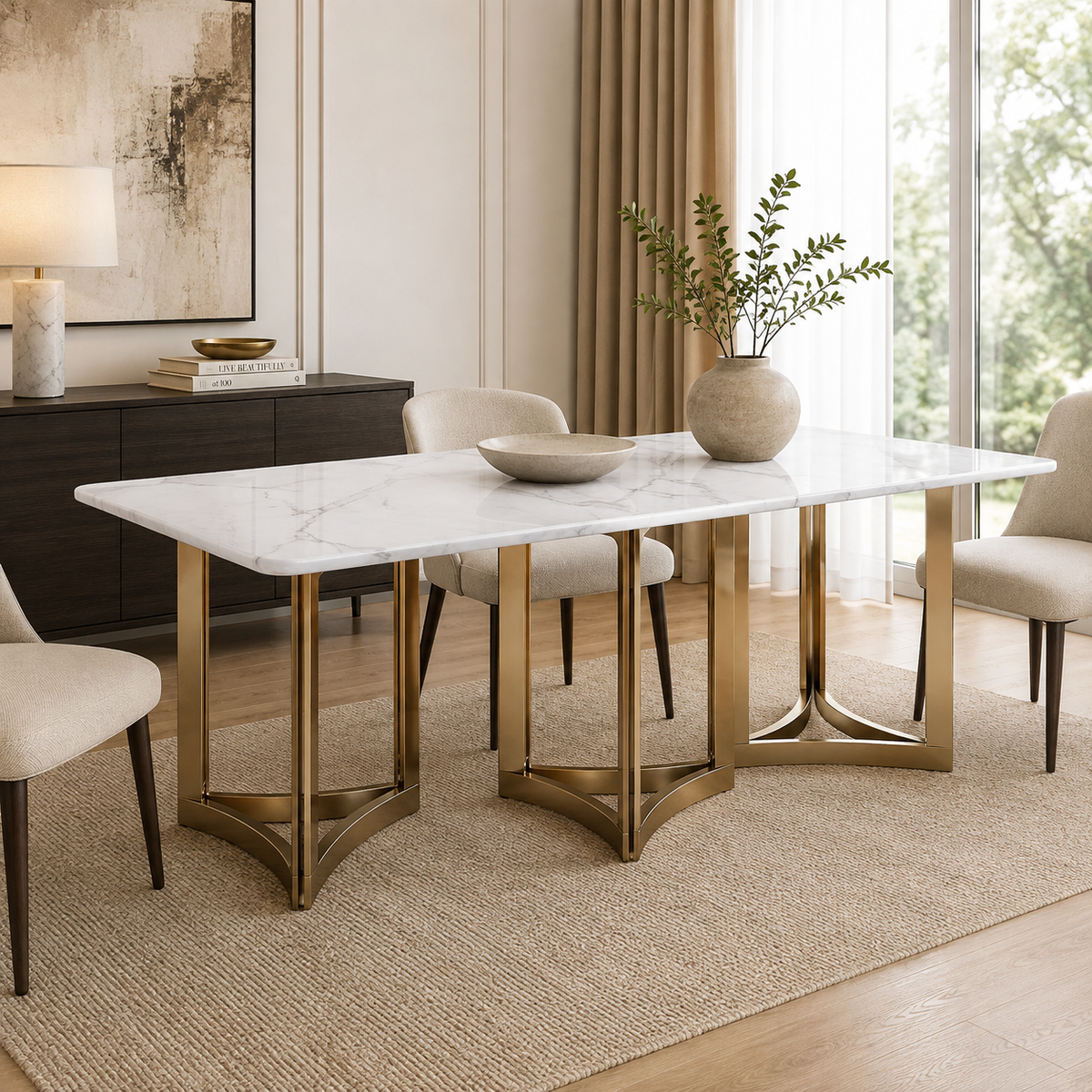 Alexa Dining Table Gold Base and 395 CM White Marble