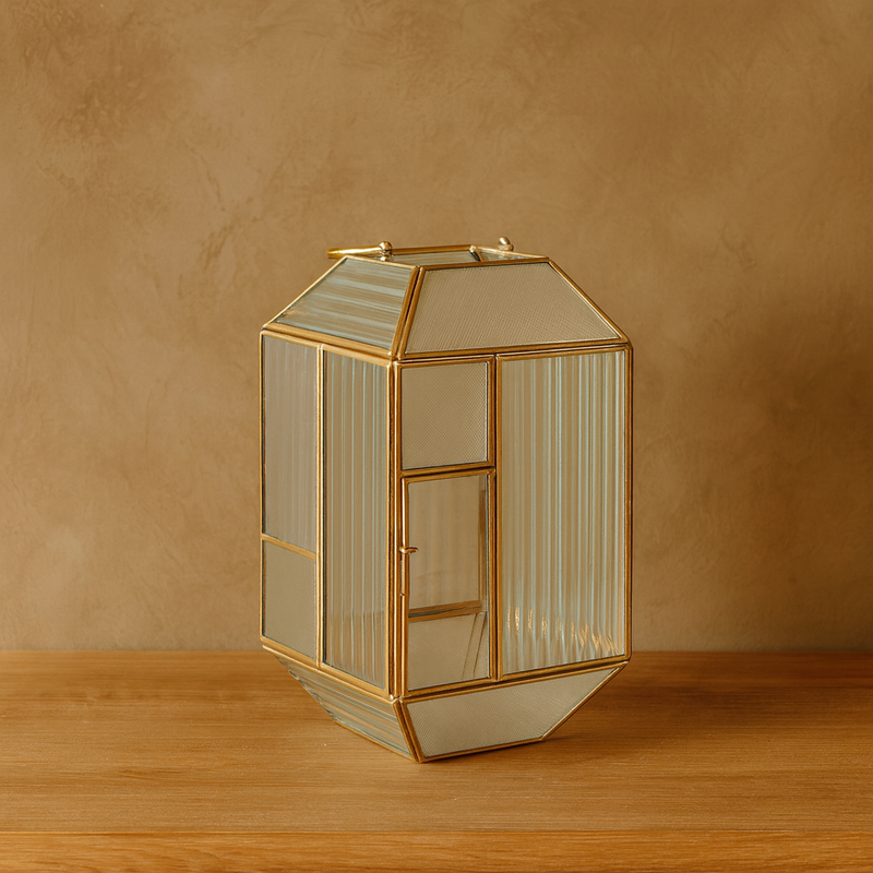 BRASS AND GLASS LANTERN GOLD SIZE 16.5X16.5X30CM