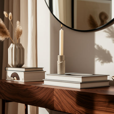 حامل مخروطي من الحجر الجيري بحواف خام 5X2 باللون البيج 5X2 RAW EDGE TRAVERTINE TAPER HOLDER, TAN