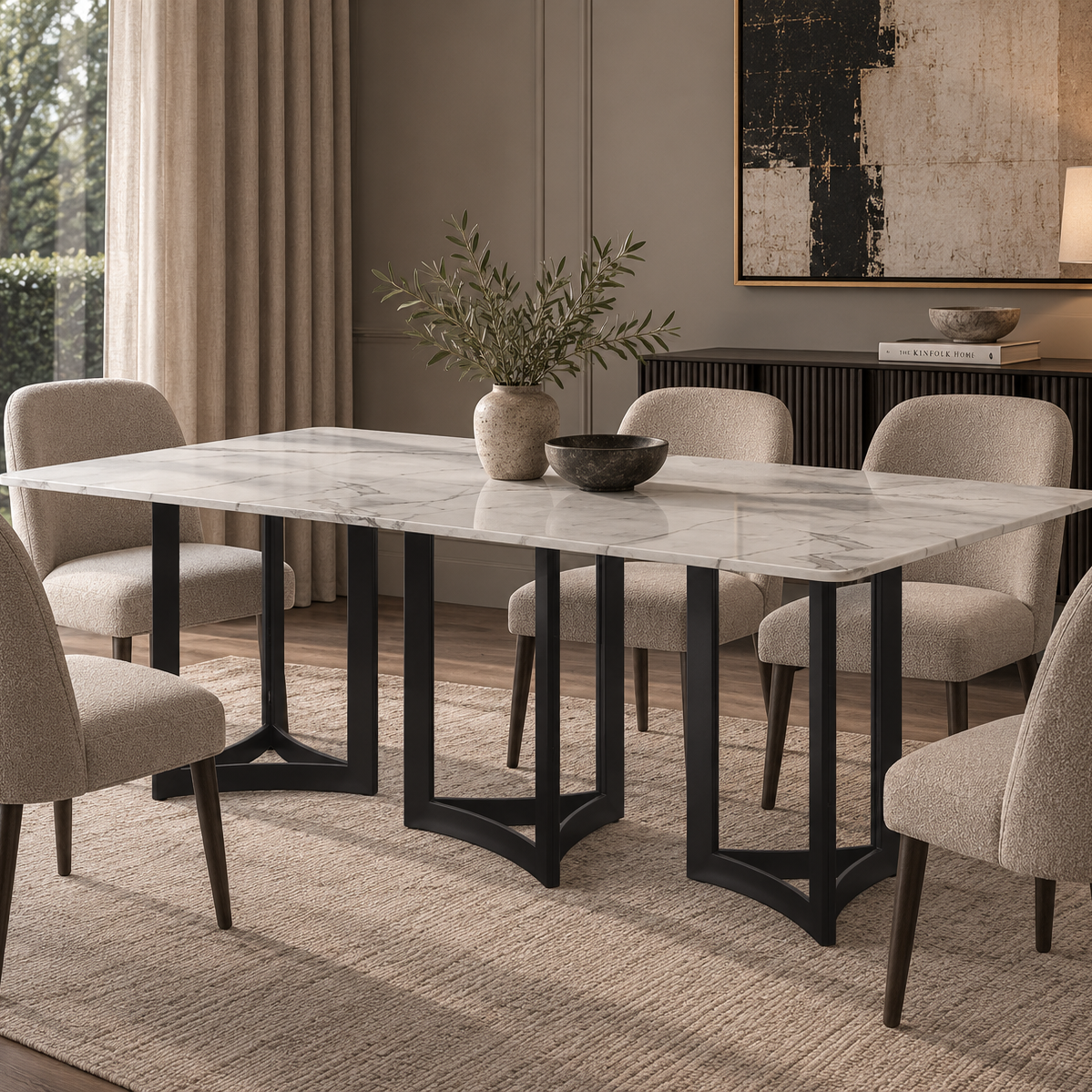 Alexa Dining Table Black Base and 240 CM White Marble