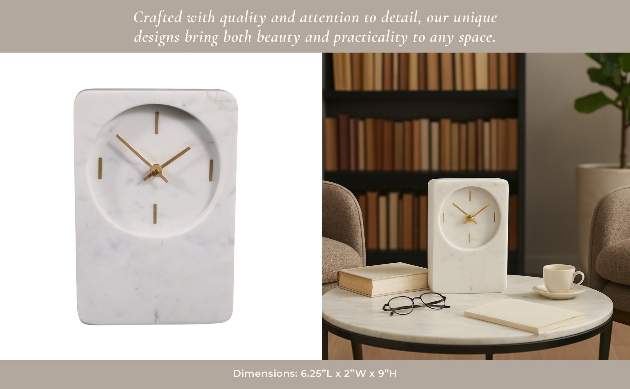 8x6" Marble Clock With Brass Details, White Clocks| Sagebrook Home