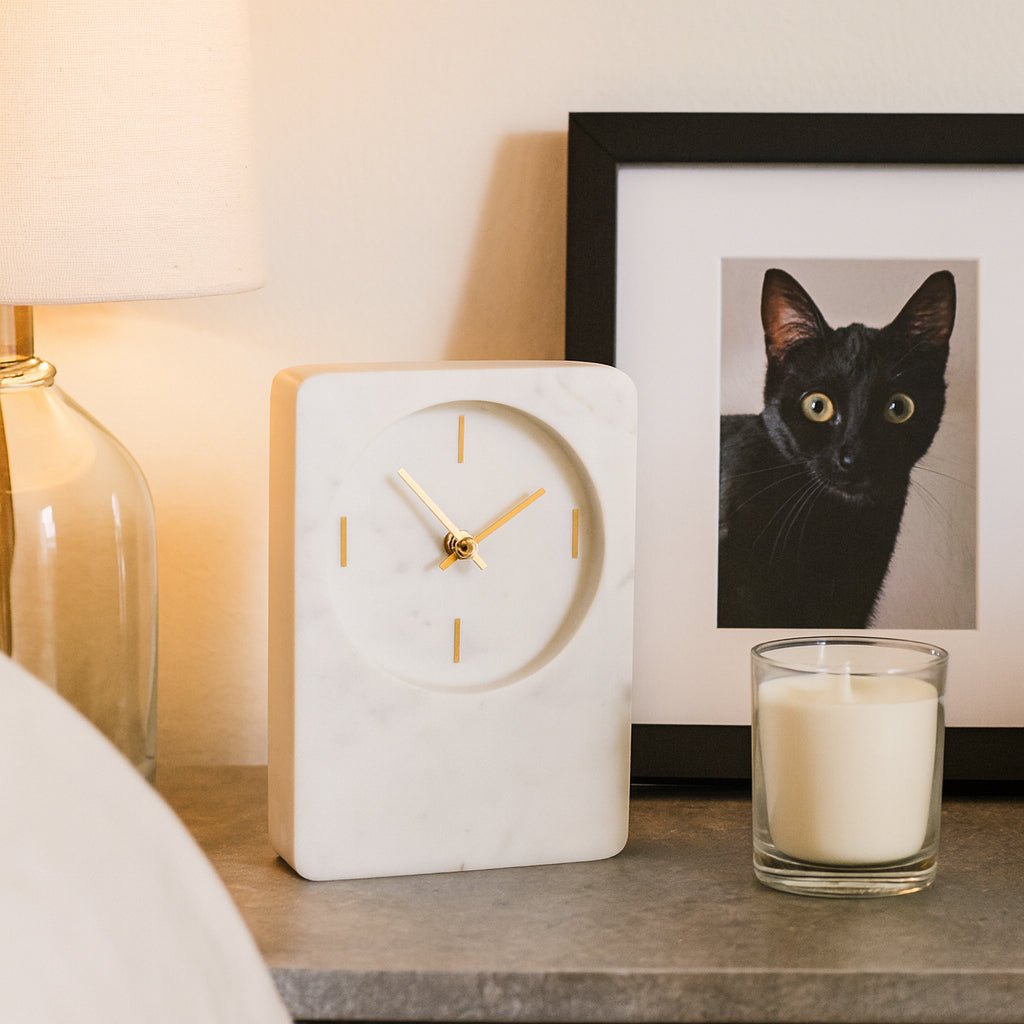 8x6" Marble Clock With Brass Details, White Clocks| Sagebrook Home