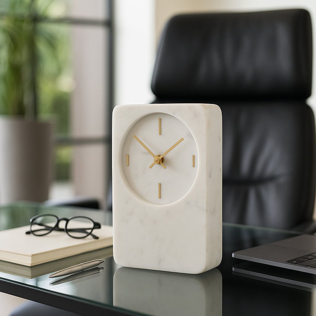 8x6" Marble Clock With Brass Details, White Clocks| Sagebrook Home